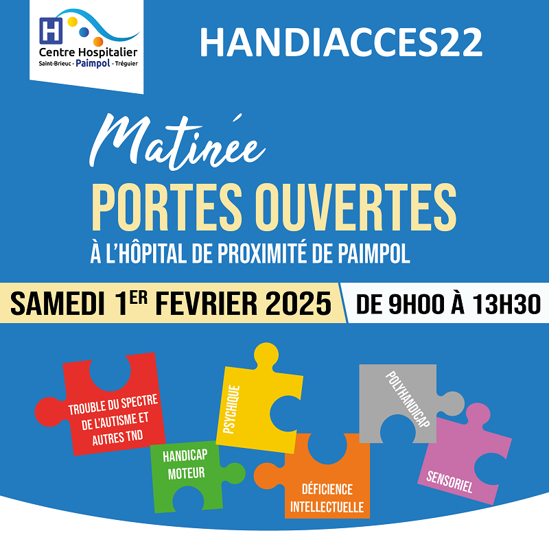 pièces de puzzle multicolores détachées sur fond bleu nommant différents types de handicap : TSA, sensoriel, psychique, intellectuel, neuro développement, moteur