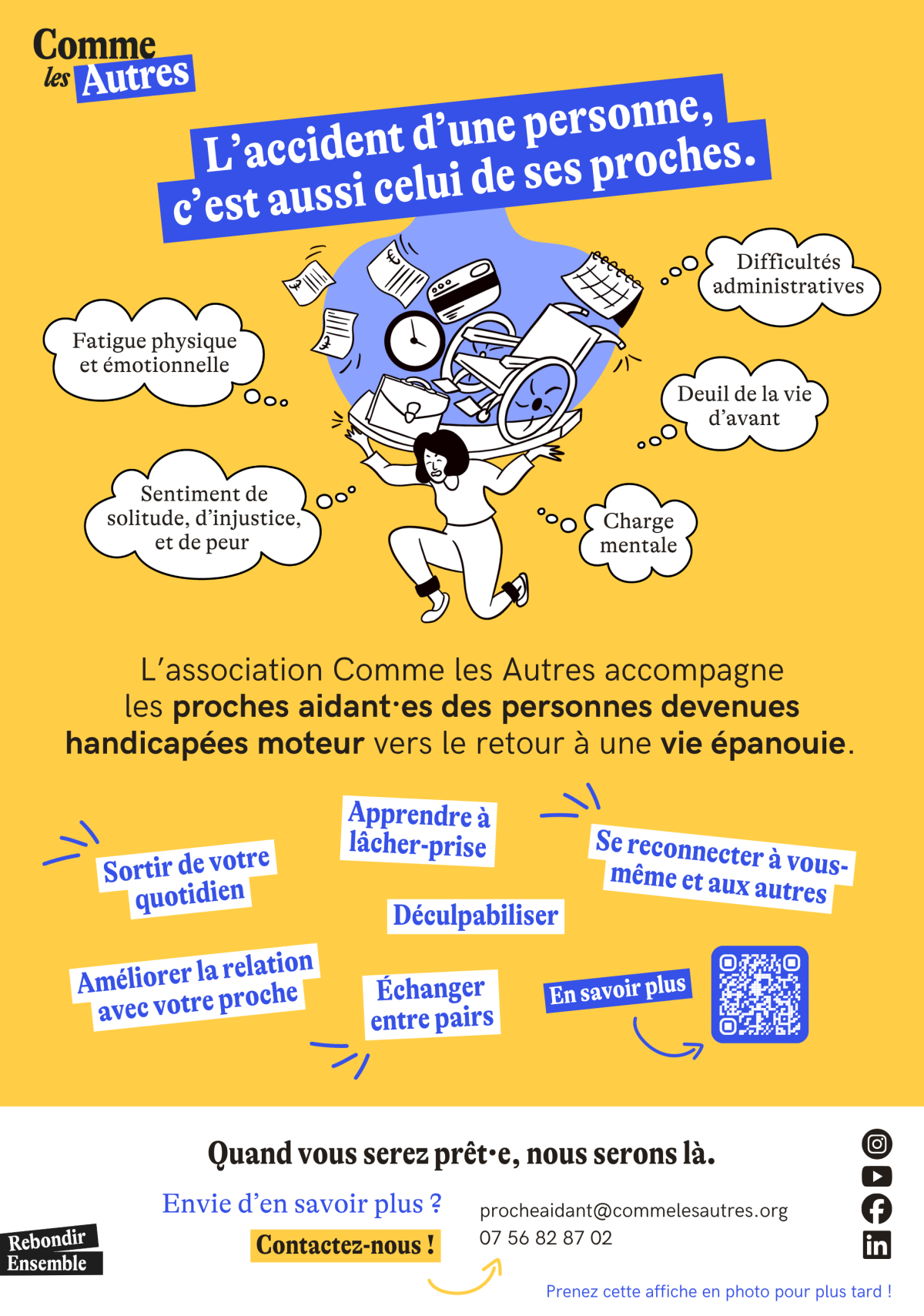 image de communication de l'association comme les autres avec un fond jaune et un personnage en bande dessinée qui porte beaucoup de choses